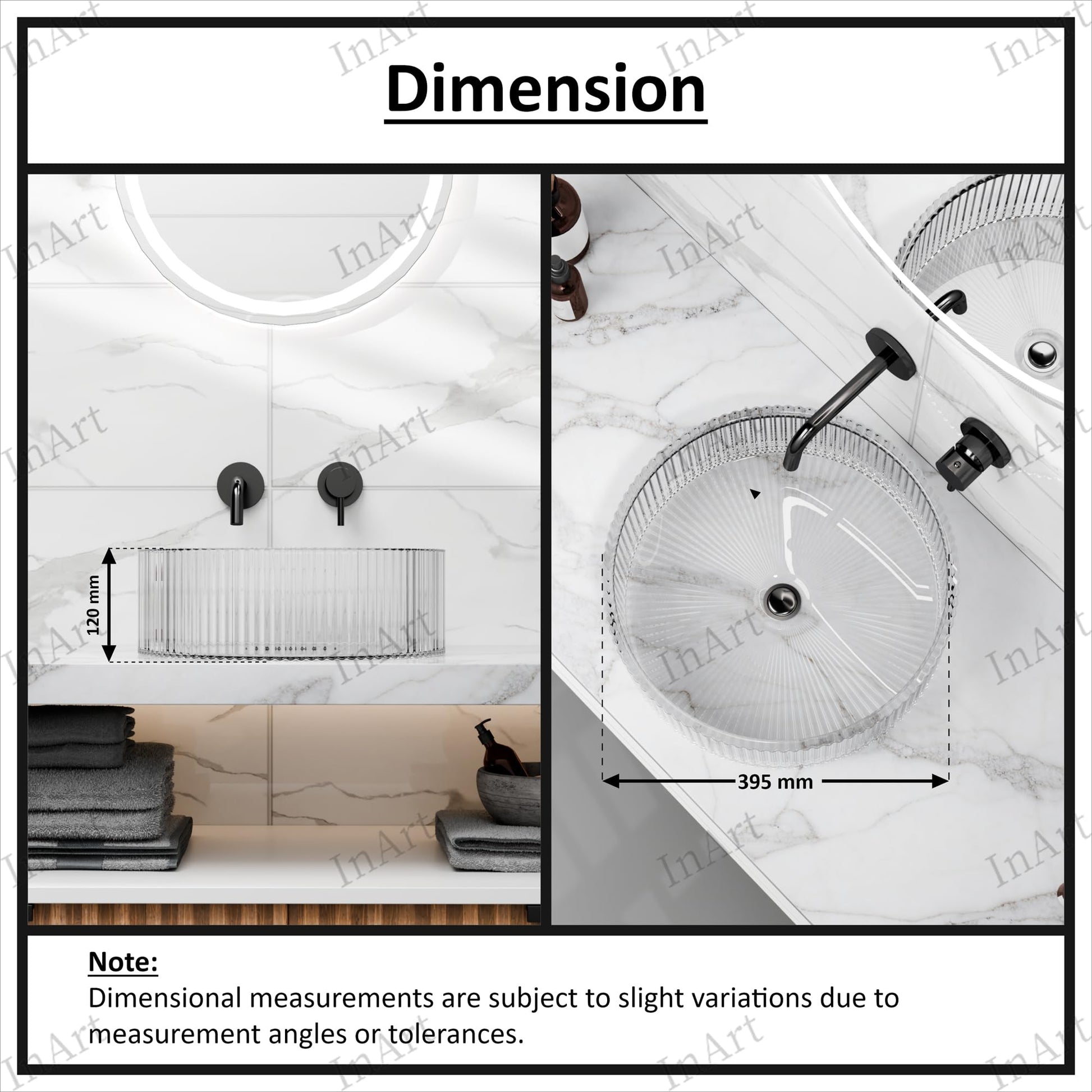 Clear round glass basin sink, front angle view of transparent tabletop vessel sink for bathroom vanity