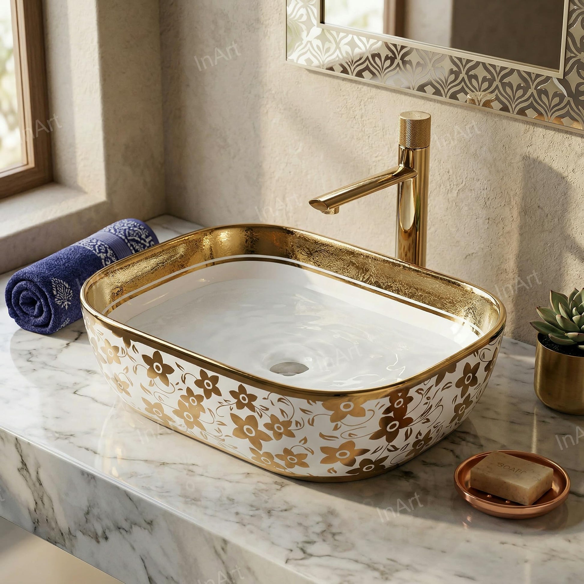 Close-up of gold rim on glossy white ceramic vessel bathroom sink, oval bowl sink detail