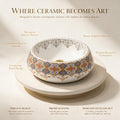 White, Royal Blue and Gold Round Ceramic vessel bathroom sink, additional product view 5