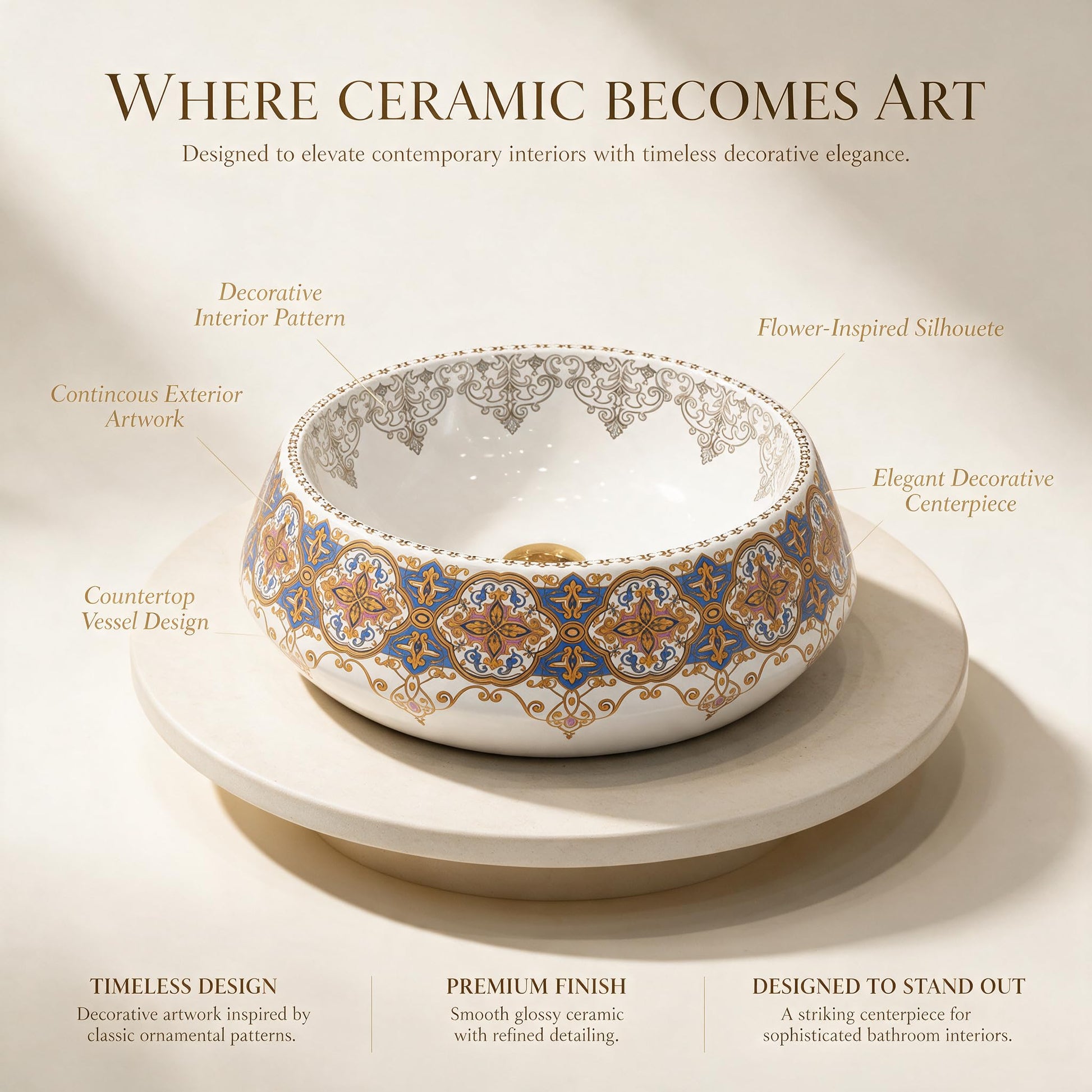 White, Royal Blue and Gold Round Ceramic vessel bathroom sink, additional product view 5
