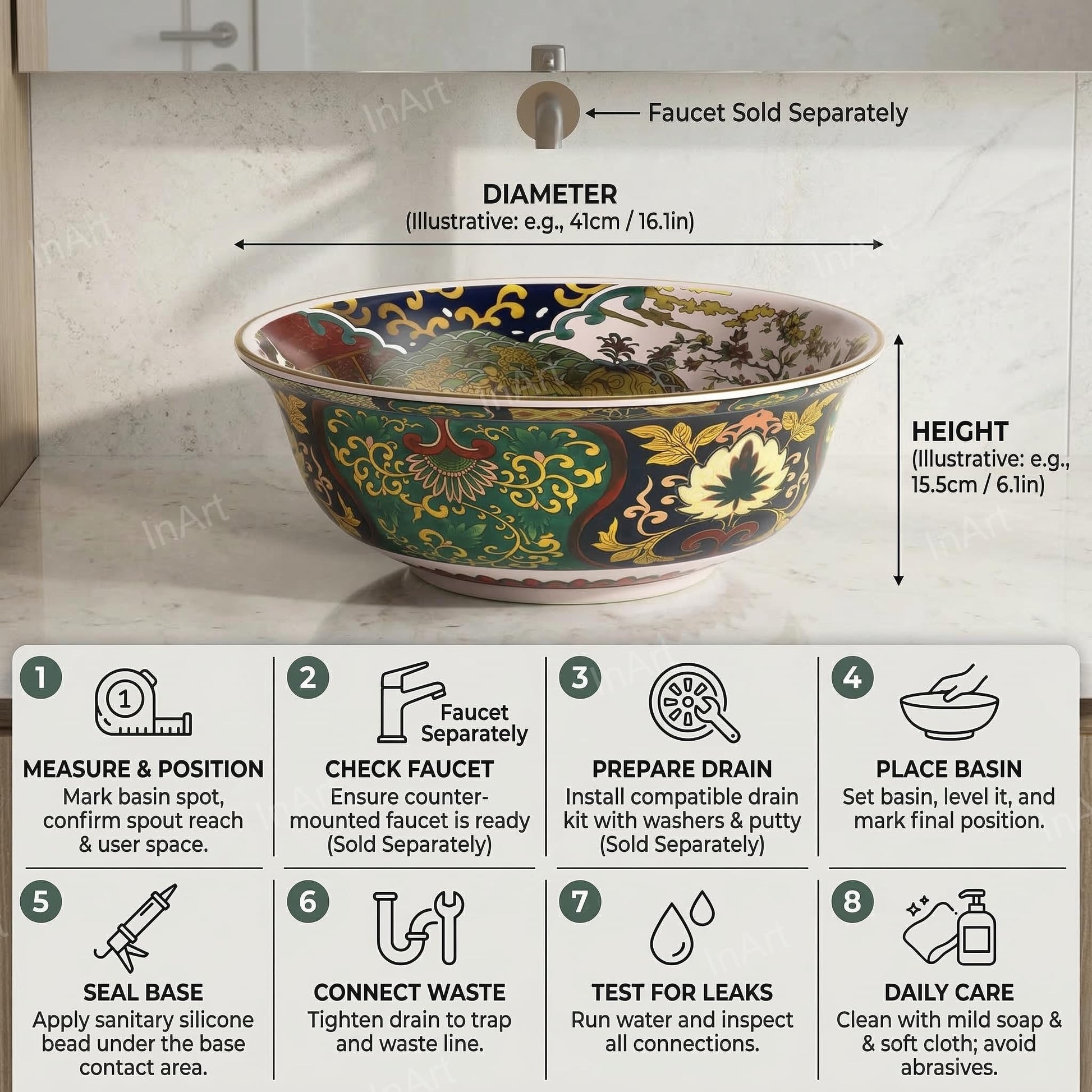 InArt Glossy Multicolor Ceramic Round Vessel Sink – Gold Rim Accent, 16.5", additional product view 6