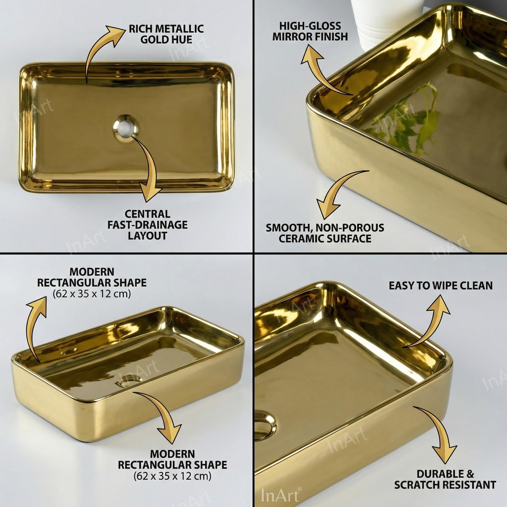 Gold Rectangular Ceramic vessel bathroom sink, additional product view 4