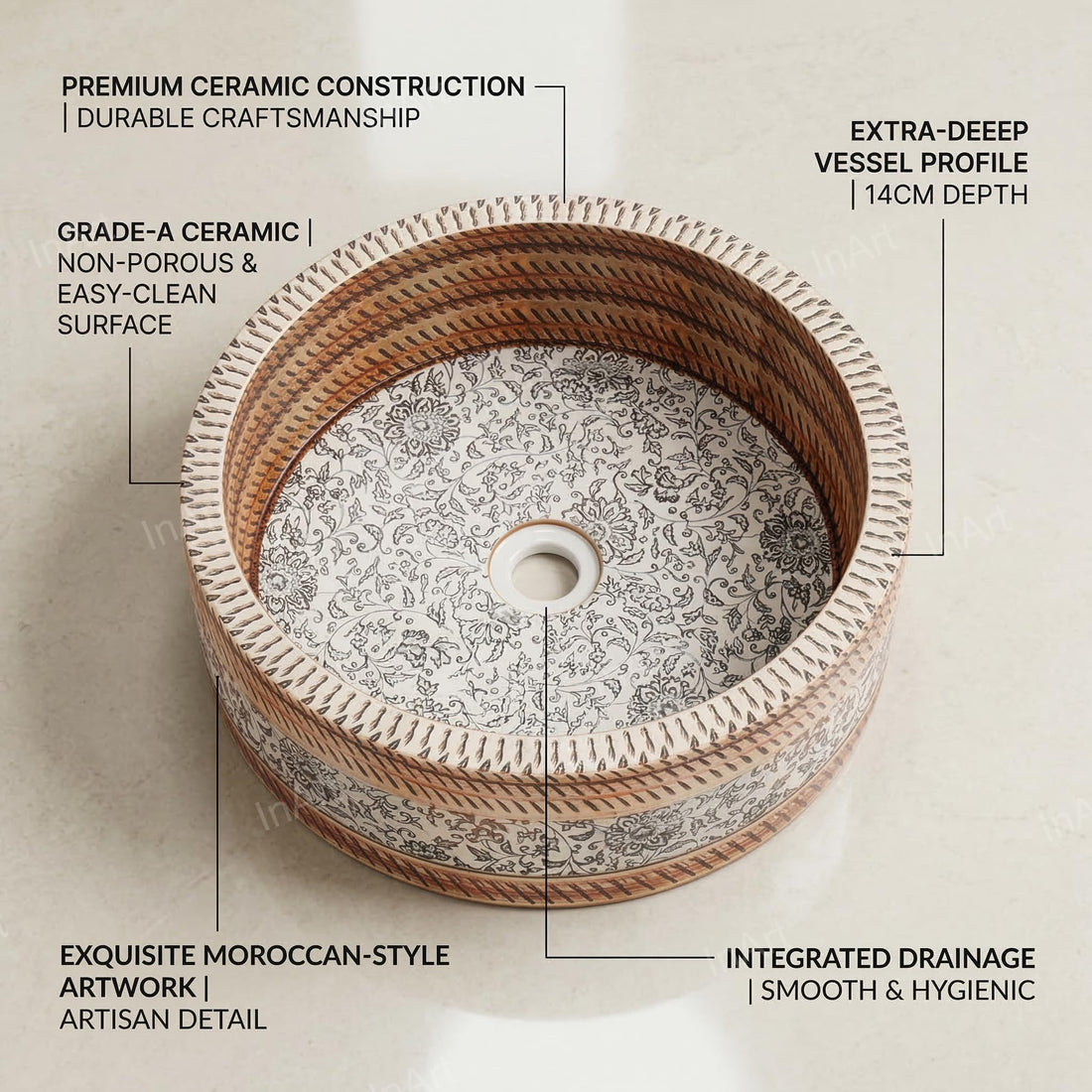 InArt Satin Patterned Ceramic Round Vessel Sink – Above Counter, 16" Moroccan Floral