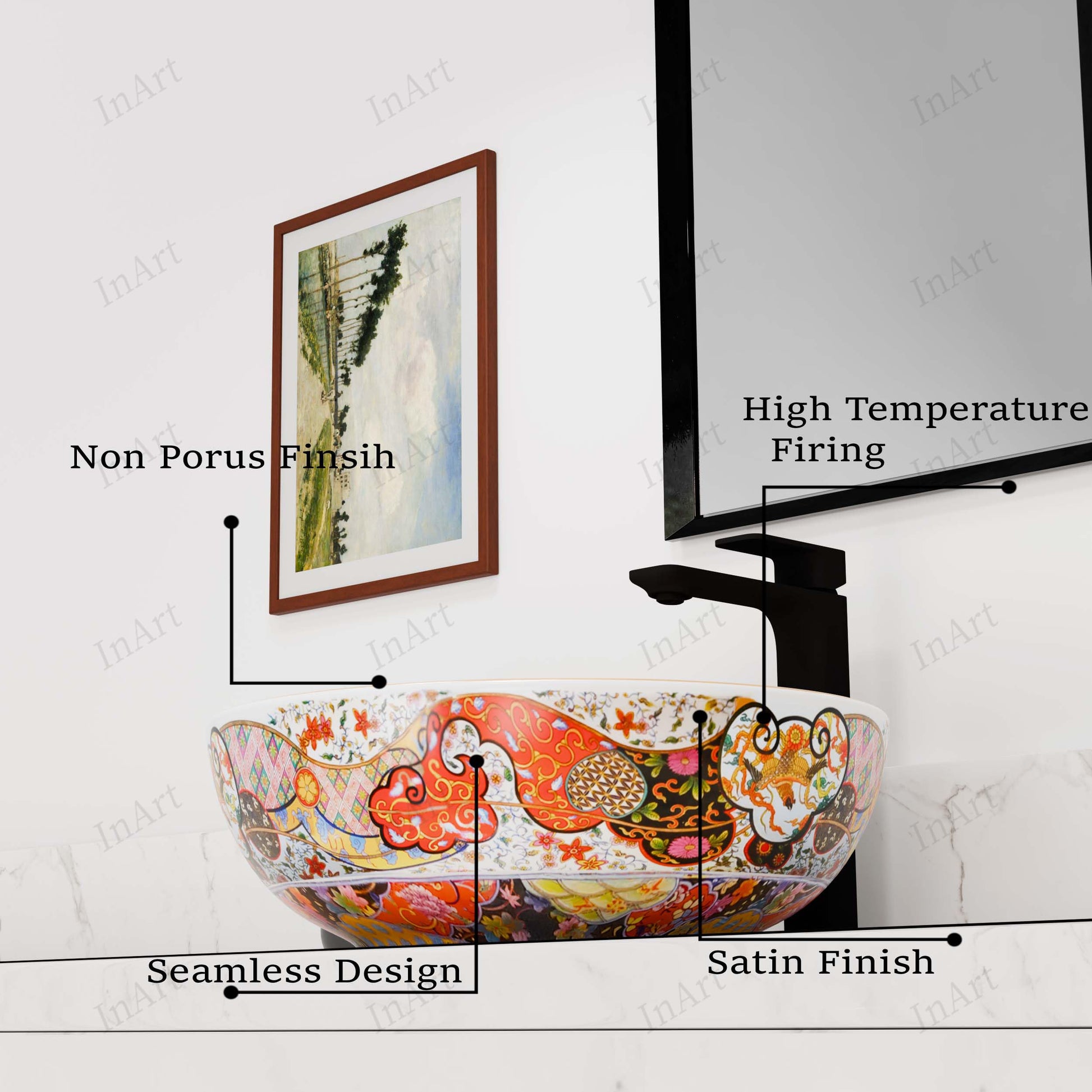 InArt Glossy Moroccan Ceramic Round Vessel Sink – Decorative Pattern, 15.75", additional product view 4