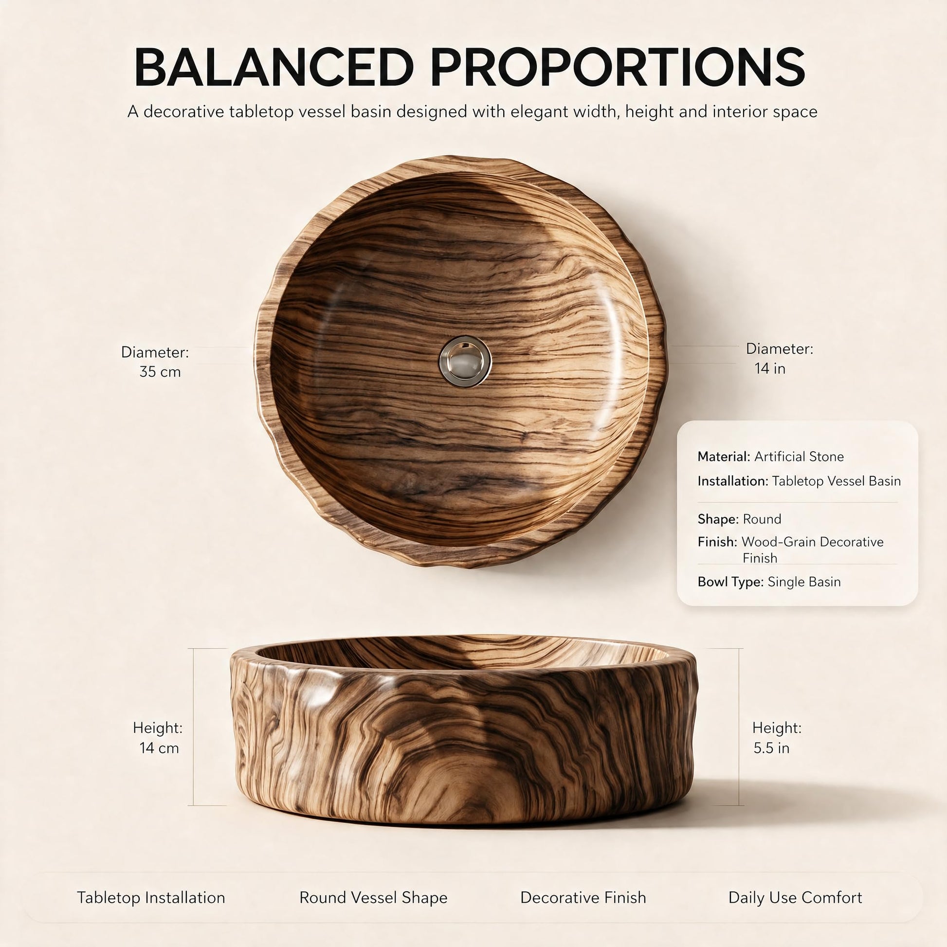 Wood Brown Round Artificial Stone vessel bathroom sink, additional product view 3