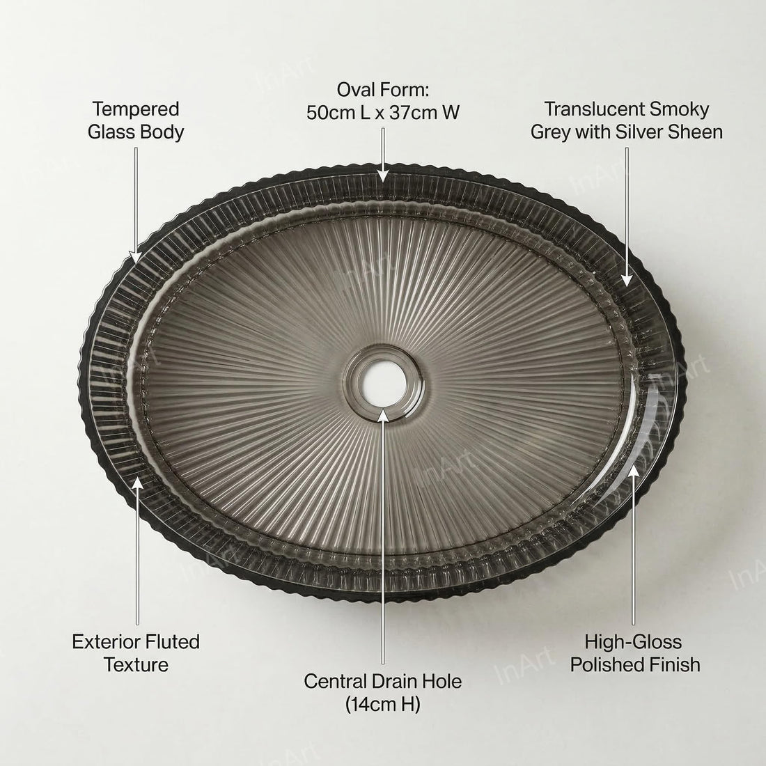 InArt Smoked Tempered Glass Oval Vessel Sink – Ribbed Texture, 19.7"x14.6"