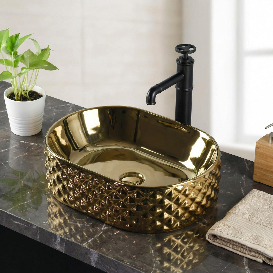 Vessel sinks InArt gold ceramic oval tabletop wash basin 45x34cm glossy finish