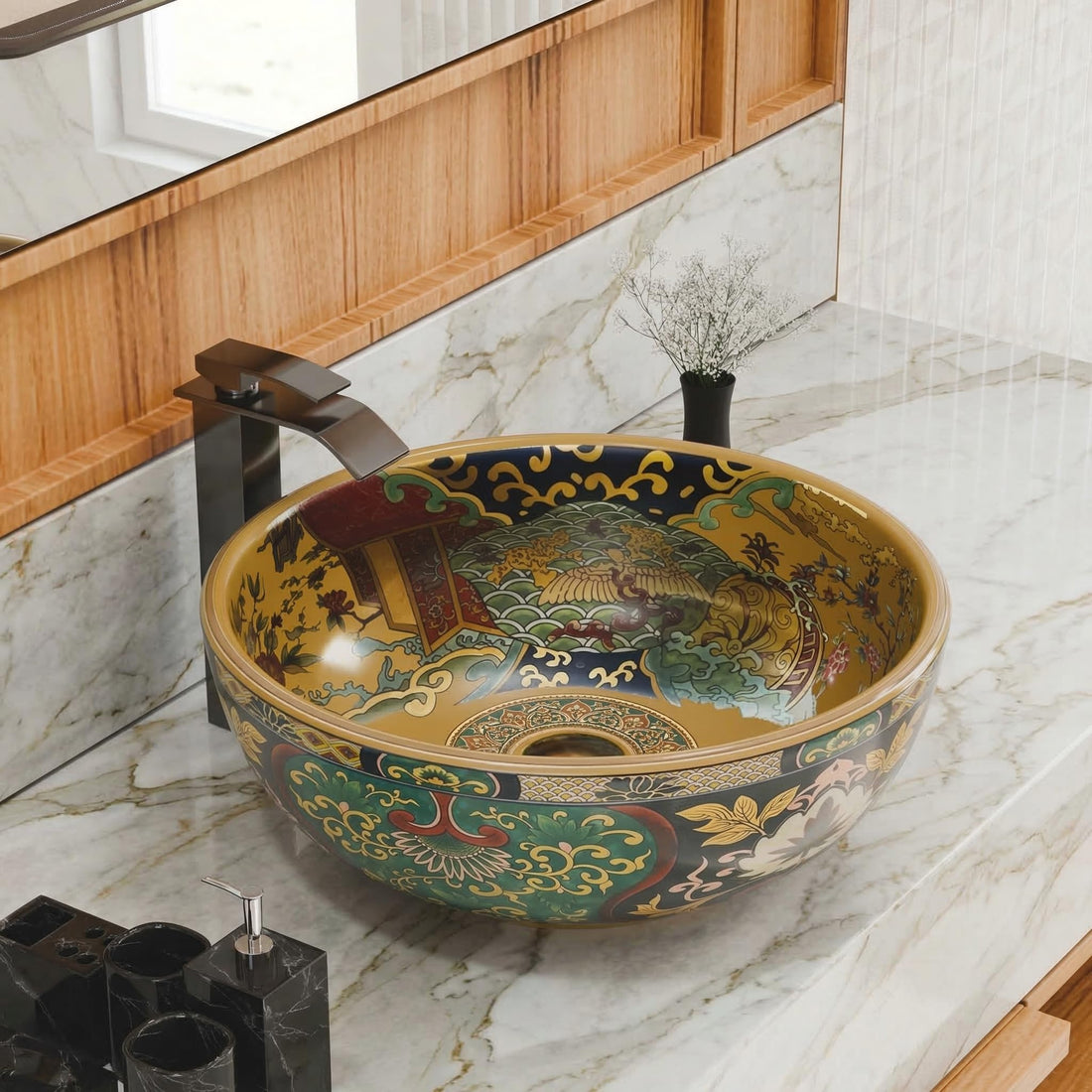 InArt Glossy Multicolor Ceramic Round Vessel Sink – Moroccan Pattern, 16.5"