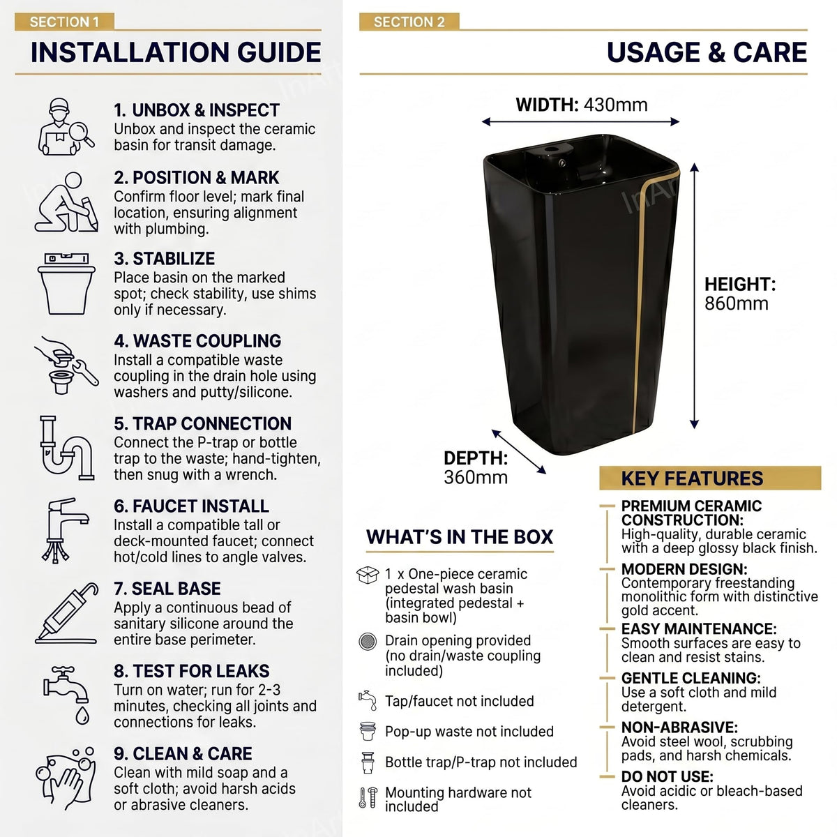 InArt Basin Pedestal Sink - Standing Bathroom Sink Black Glossy 43x36 CM, additional product view 6
