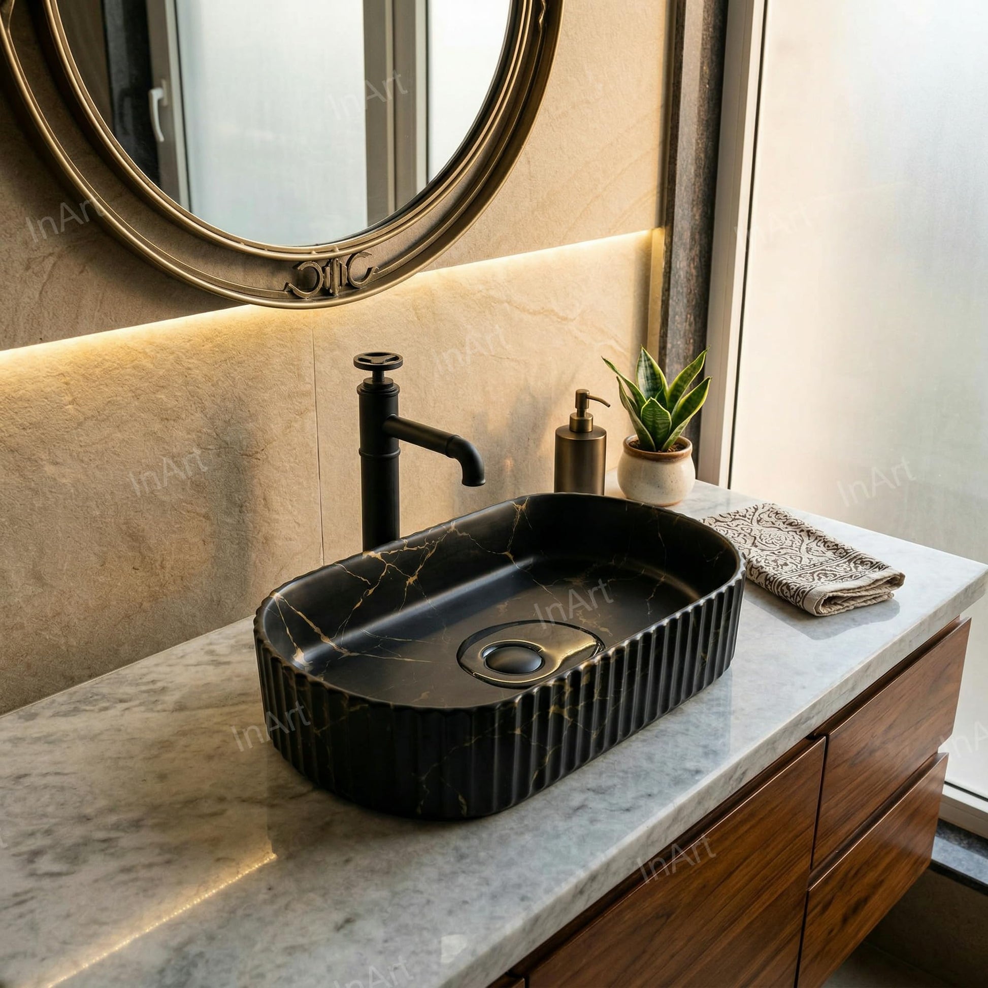 Vanity countertop for vessel sink, matte black marble finish rectangular ceramic basin with slim rim