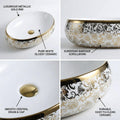 Over the counter bathroom sink top view, InArt oval ceramic wash basin with gold edge, 24x16