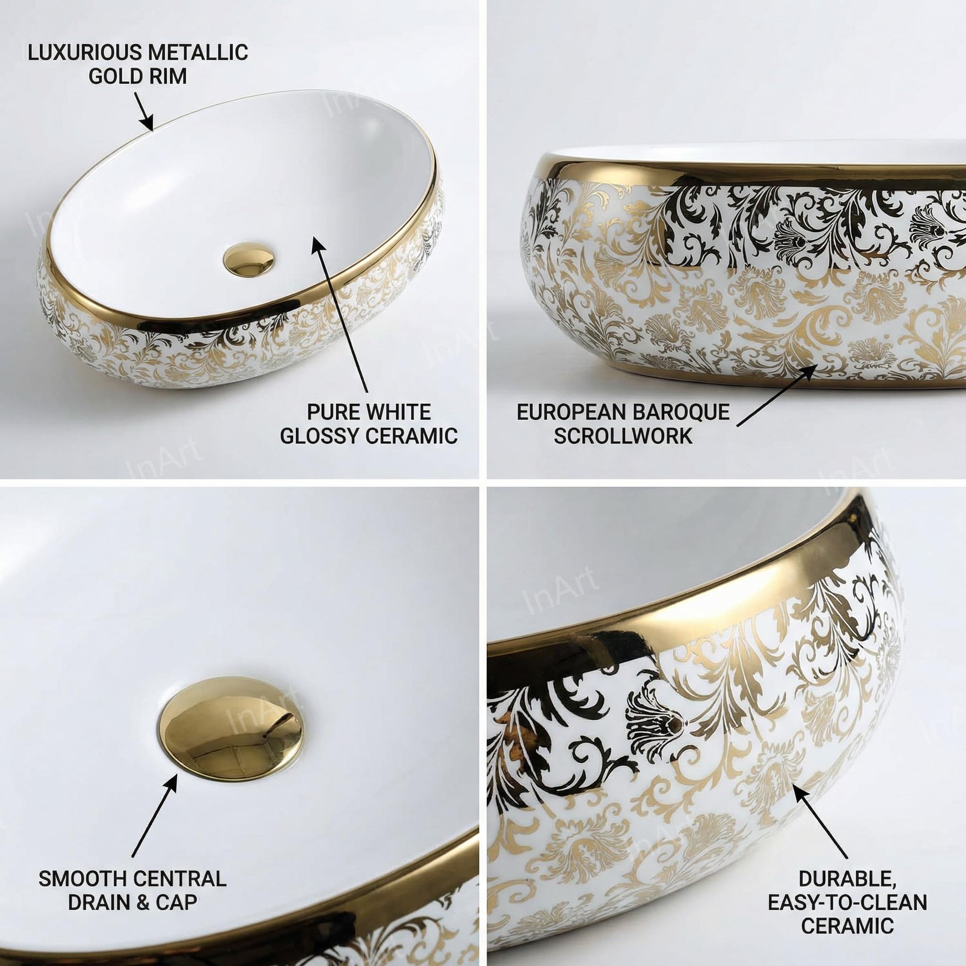 Over the counter bathroom sink top view, InArt oval ceramic wash basin with gold edge, 24x16