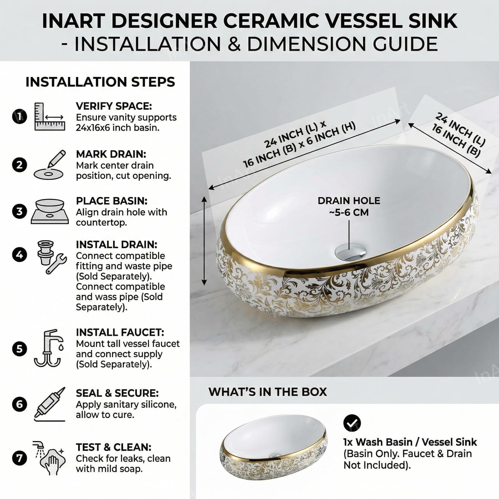 Over counter sink showing deep 6-inch bowl, oval ceramic vessel sink for bathroom countertop