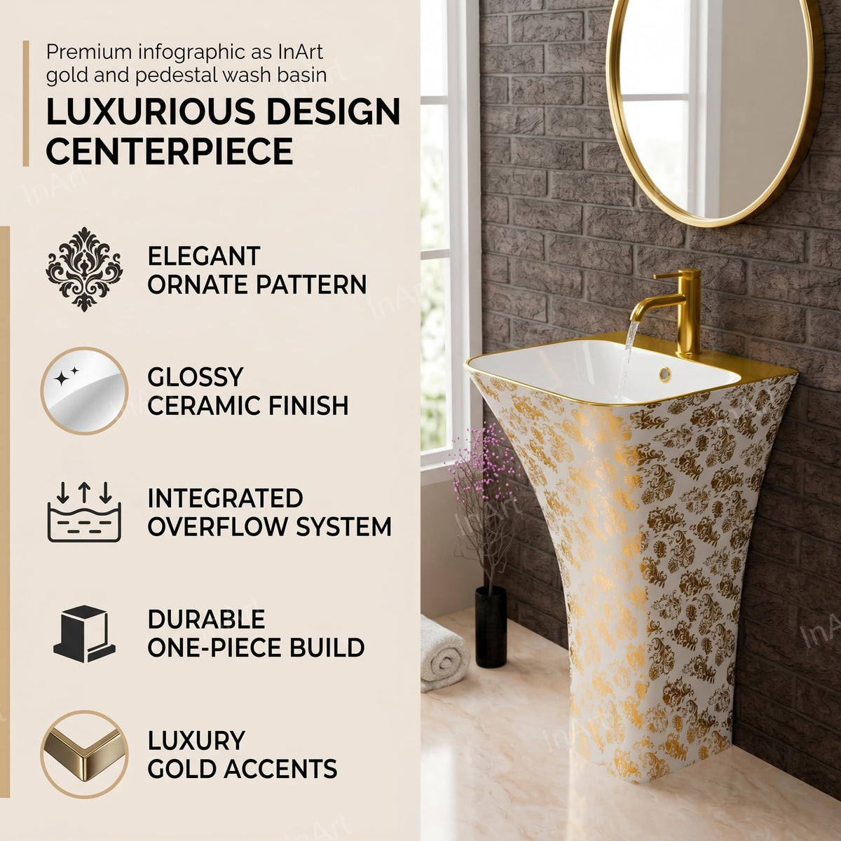 InArt Basin Pedestal Sink - Standing Bathroom Sink Gold White 45x43 CM, additional product view 3