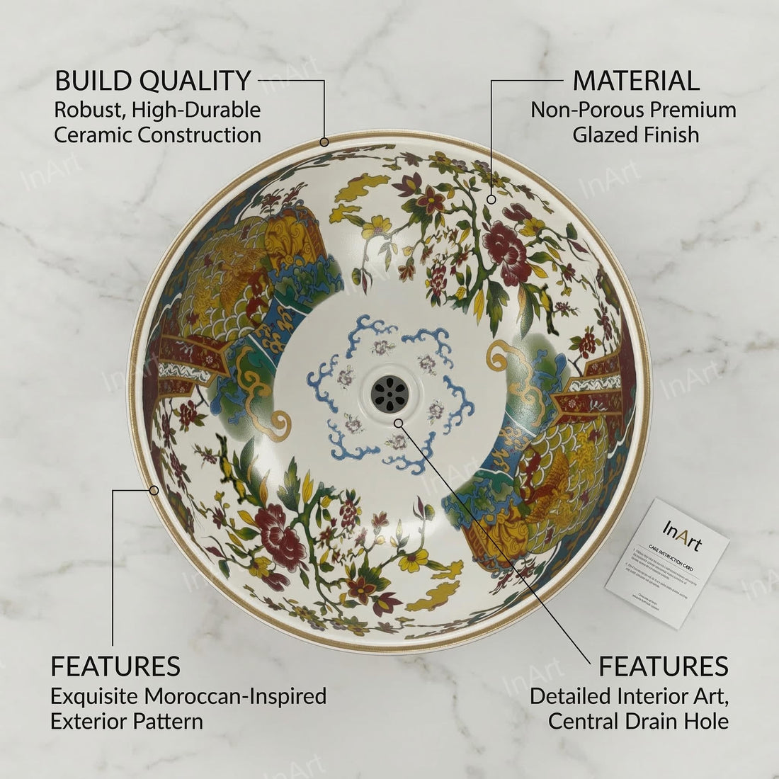 InArt Glossy Multicolor Ceramic Round Vessel Sink – Hand-Painted Pattern, 16.5"