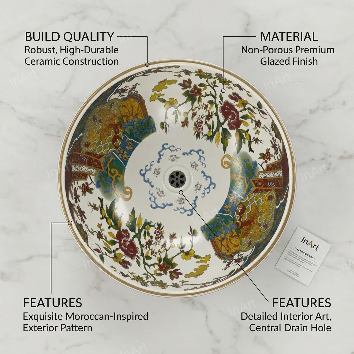 InArt Glossy Multicolor Ceramic Round Vessel Sink – Hand-Painted Pattern, 16.5", additional product view 2