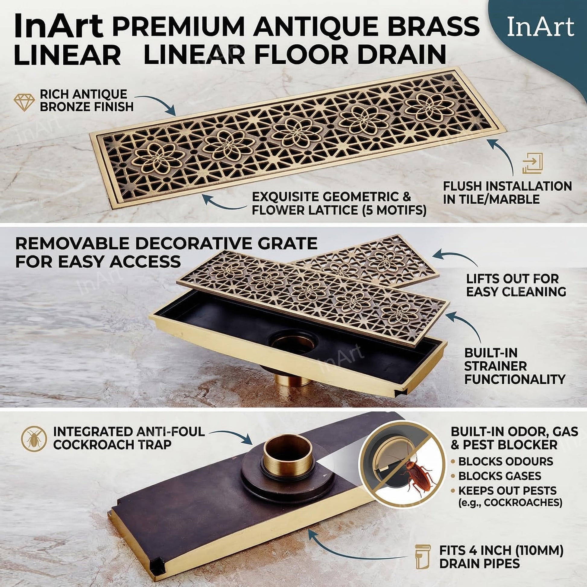 InArt 12 x 4 Inch Square Brass Shower Drain with Removable Strainer Grate, additional product view 3