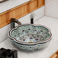 Vessel bowl vanity InArt ceramic round vessel sink, glossy light blue patterned tabletop wash basin