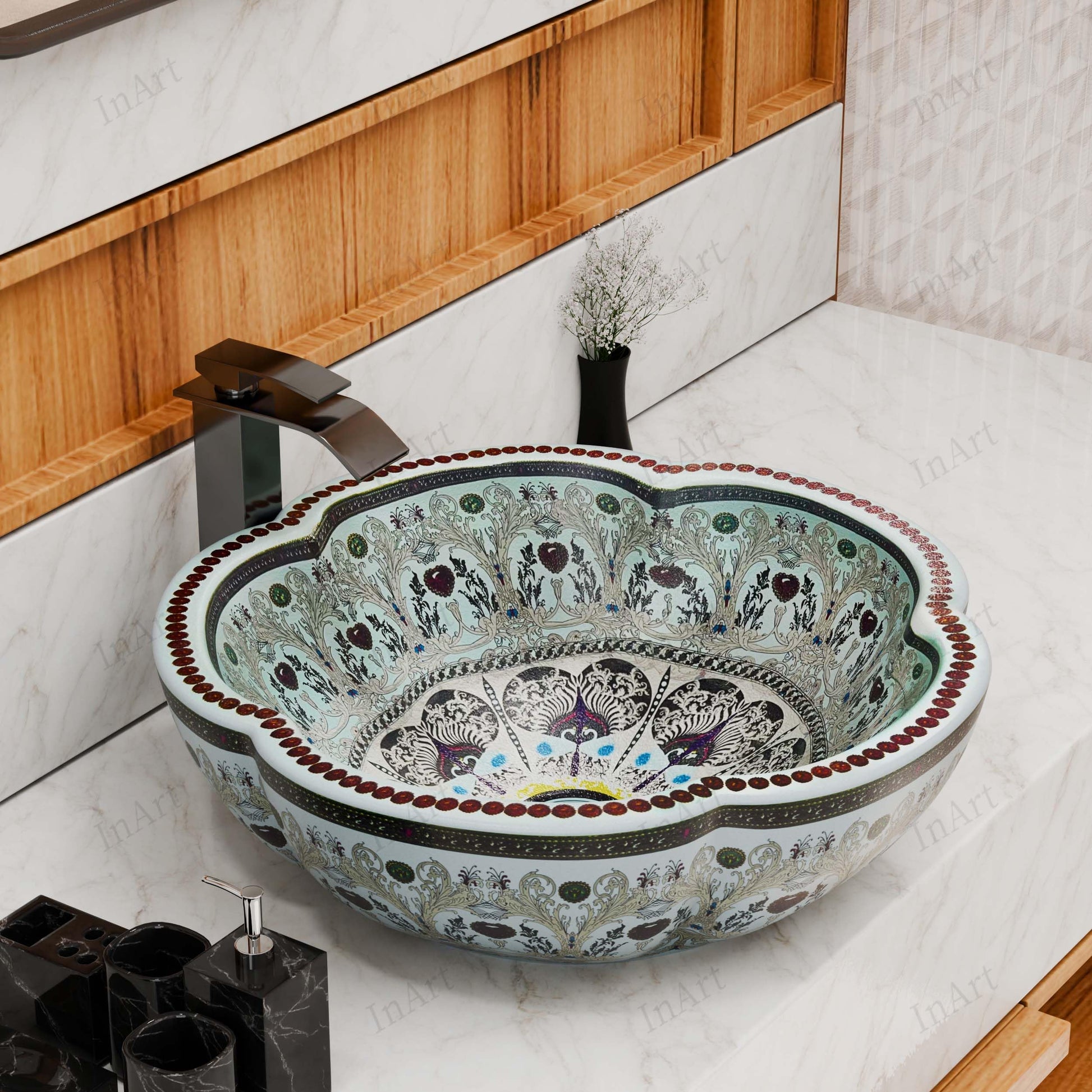 Vessel bowl vanity InArt ceramic round vessel sink, glossy light blue patterned tabletop wash basin