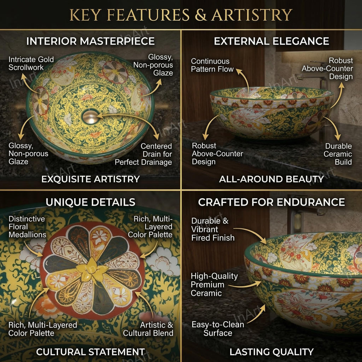 InArt Vessel Sinks for Bathrooms 16.5" – Ceramic, Glossy Green, Patterned Glaze, additional product view 3