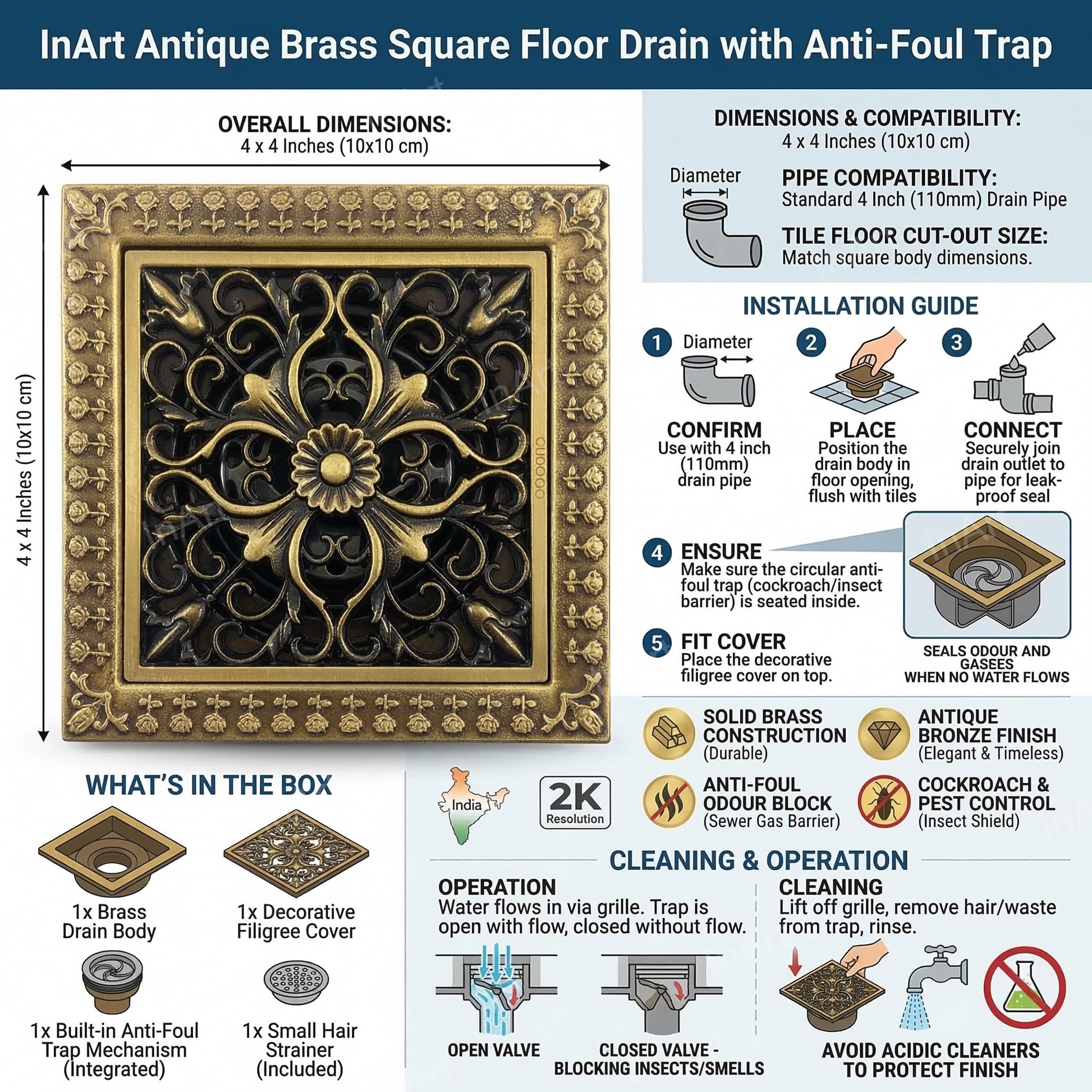 InArt 12 x 4 Inch Square Brass Shower Drain Channel with Removable Grate, additional product view 6