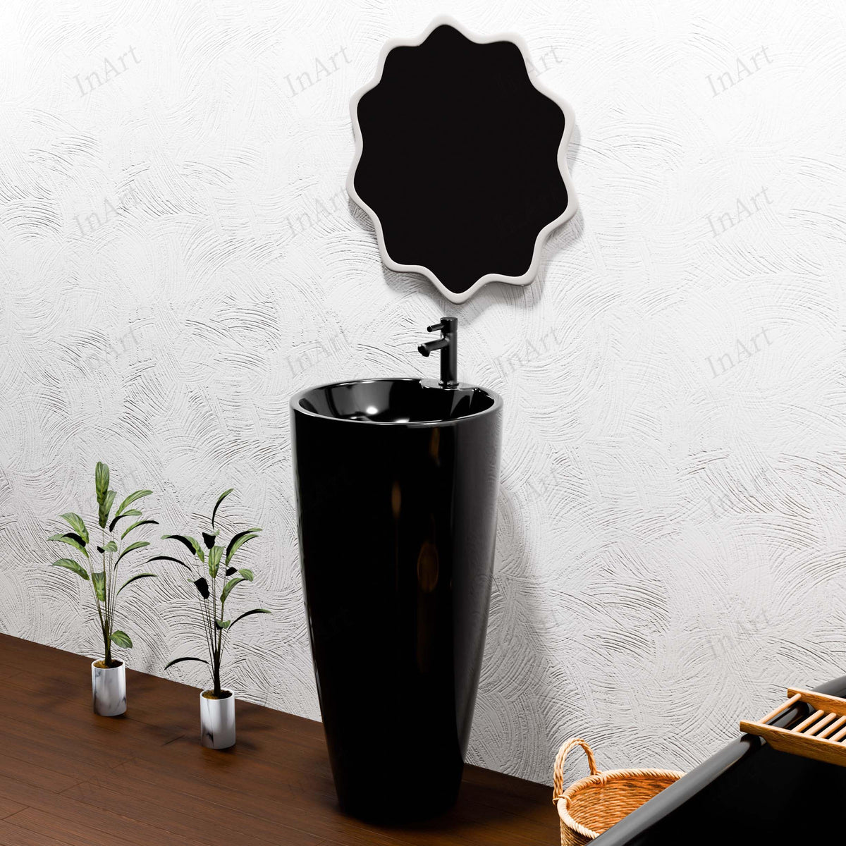 InArt Basin Pedestal Sink - Circular Bathroom Standing Sink Black 38x38 CM, additional product view 3