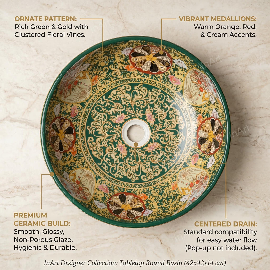 InArt Vessel Sinks for Bathrooms 16.5" – Ceramic, Glossy Green, Patterned Glaze