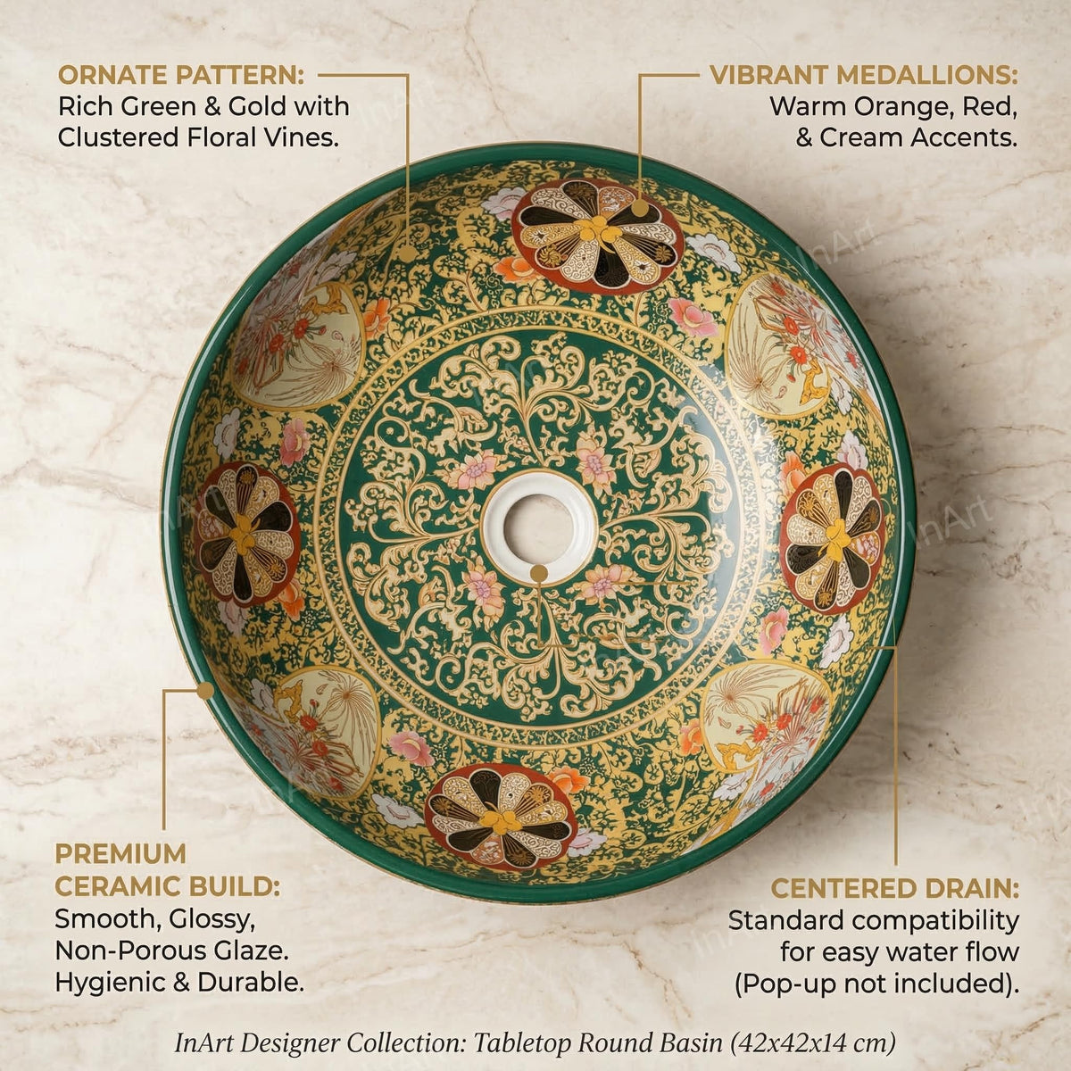 InArt Vessel Sinks for Bathrooms 16.5" – Ceramic, Glossy Green, Patterned Glaze, additional product view 2