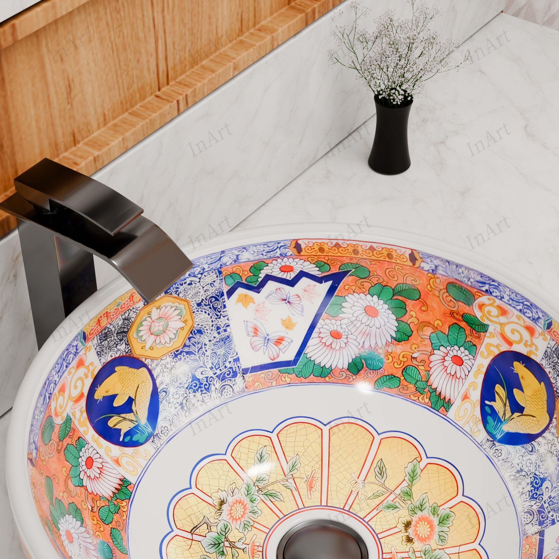 InArt Glossy White Ceramic Round Vessel Sink – Mexican Style Pattern, 16.5", additional product view 5