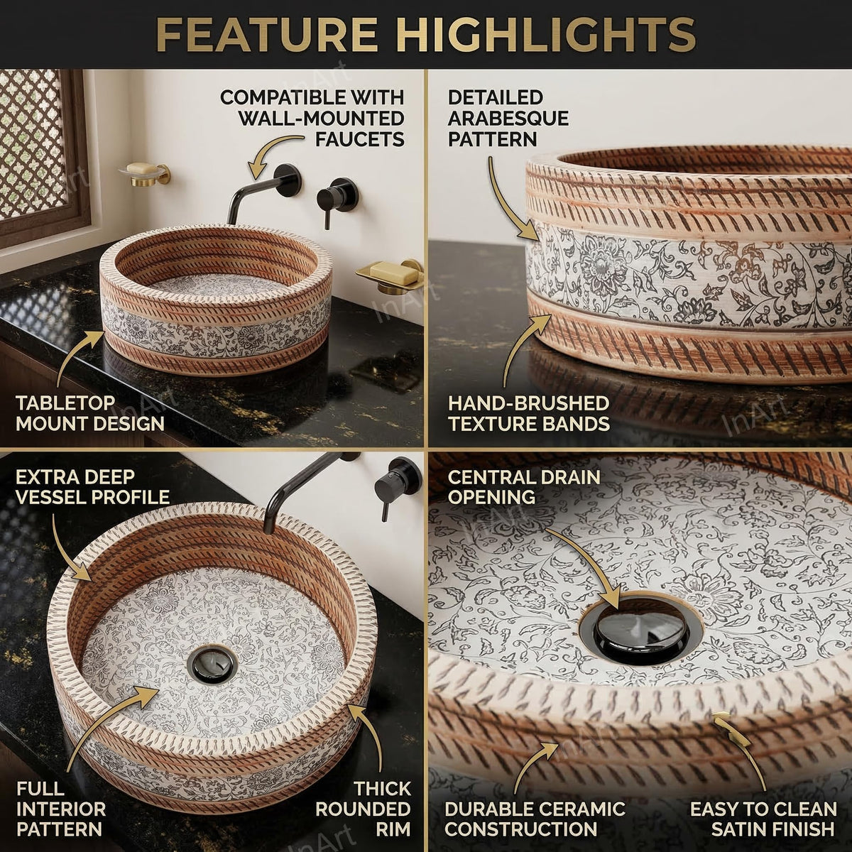 InArt Satin Patterned Ceramic Round Vessel Sink – Above Counter, 16" Moroccan Floral, additional product view 3