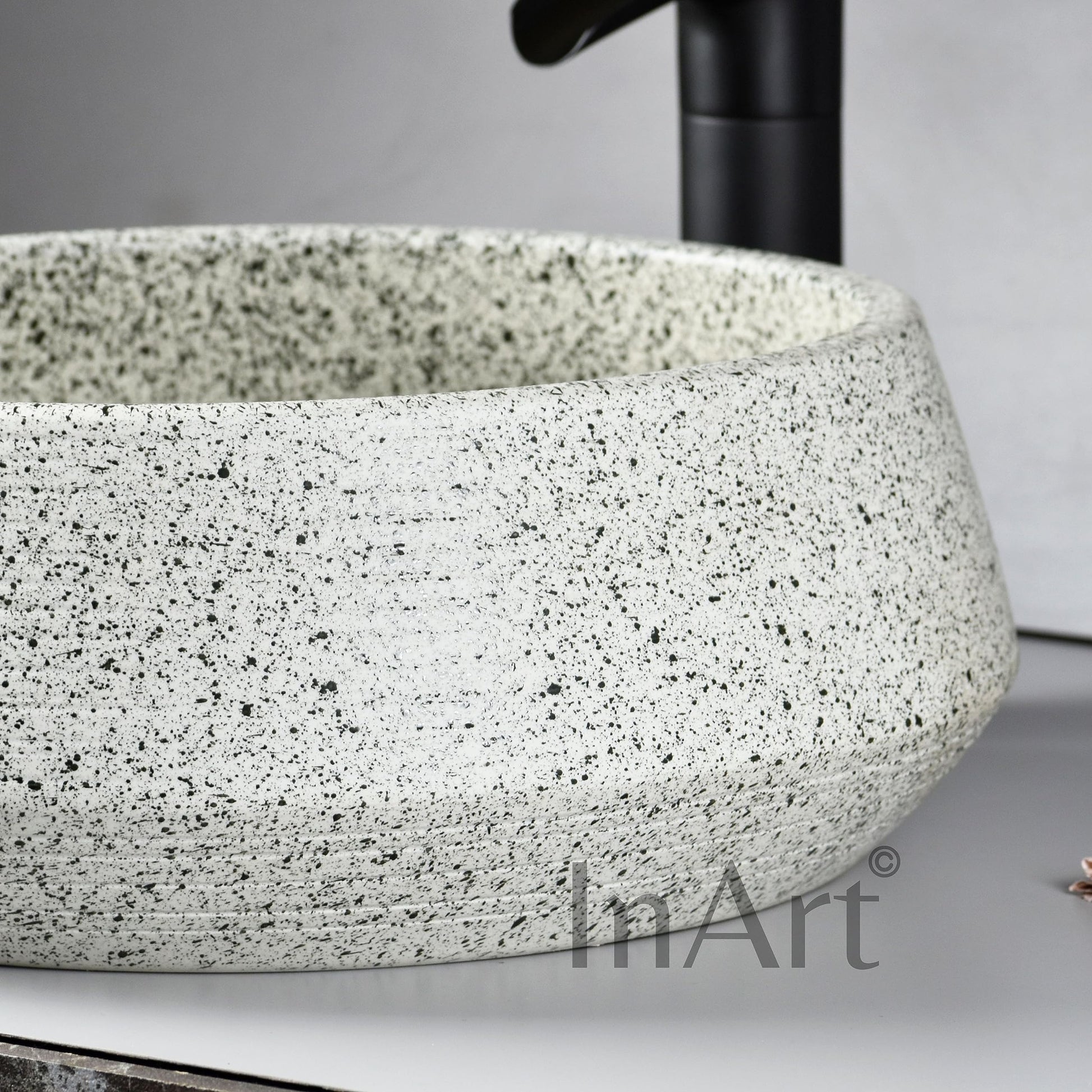 InArt ceramic vessel sink glossy light green finish detail, round bowl for vanity tops for vessel sinks