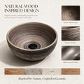 Wood-grain vessel sink showing matte ceramic interior and textured exterior details