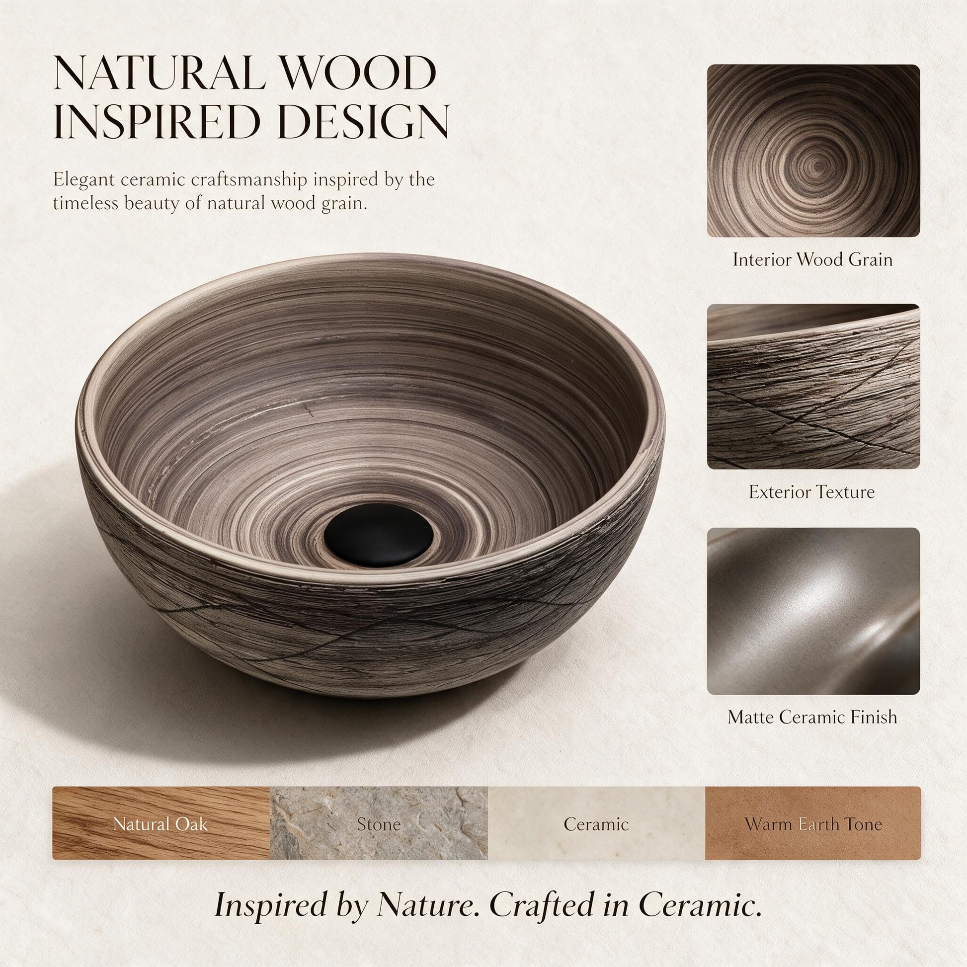 Wood-grain vessel sink showing matte ceramic interior and textured exterior details