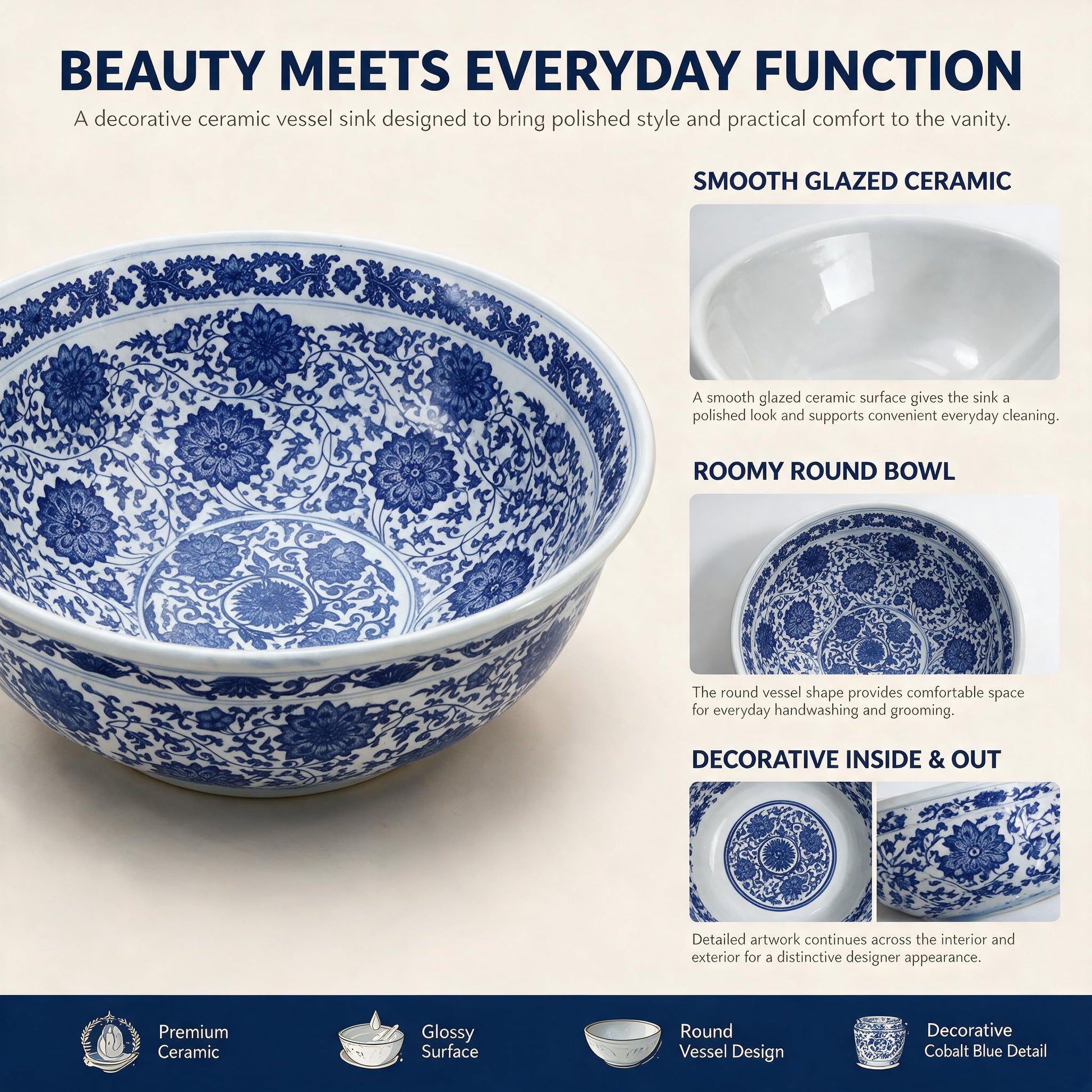 White and Cobalt Blue Round Porcelain Ceramic vessel bathroom sink, additional product view 4