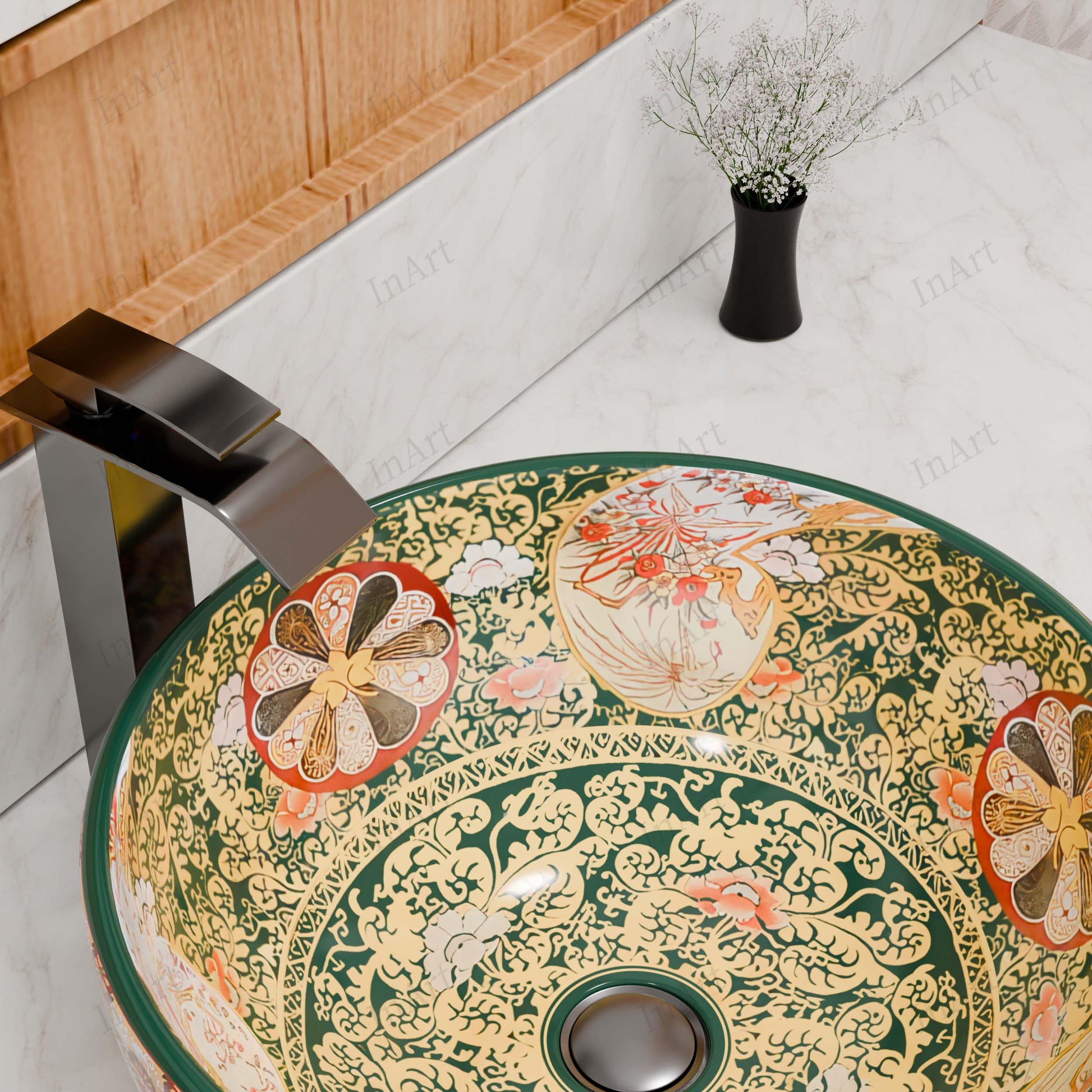 InArt Vessel Sinks for Bathrooms 16.5" – Ceramic, Glossy Green, Patterned Glaze, additional product view 5