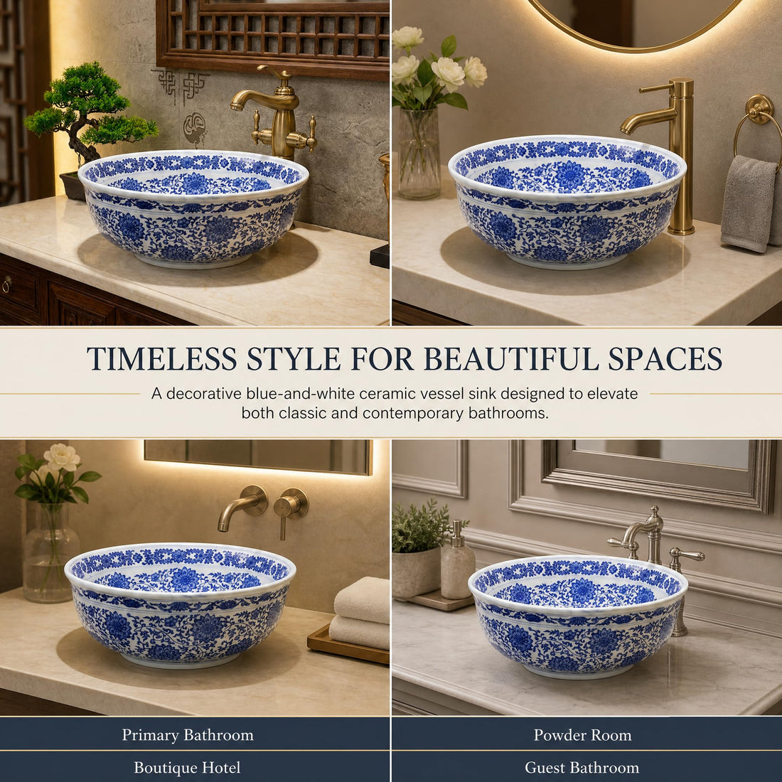 White and Cobalt Blue Round Porcelain Ceramic vessel bathroom sink