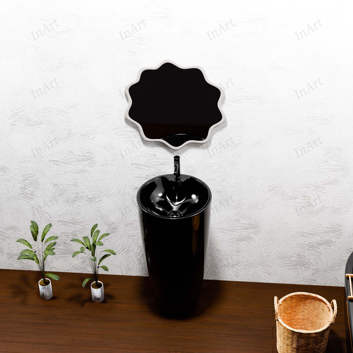 InArt Basin Pedestal Sink - Circular Bathroom Standing Sink Black 38x38 CM, additional product view 5