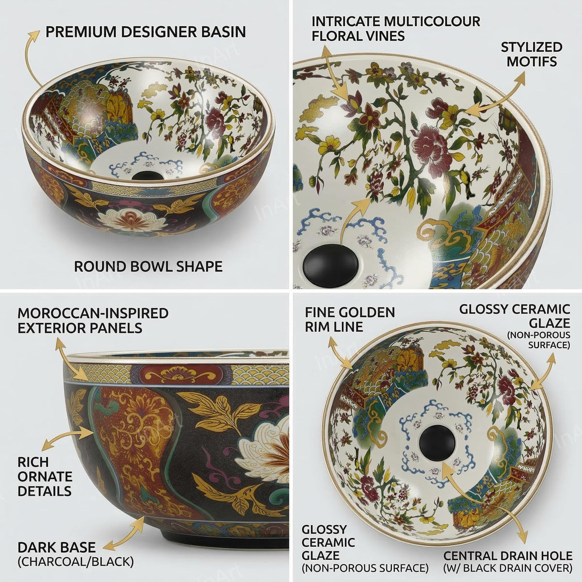 InArt Glossy Multicolor Ceramic Round Vessel Sink – Hand-Painted Pattern, 16.5", additional product view 3