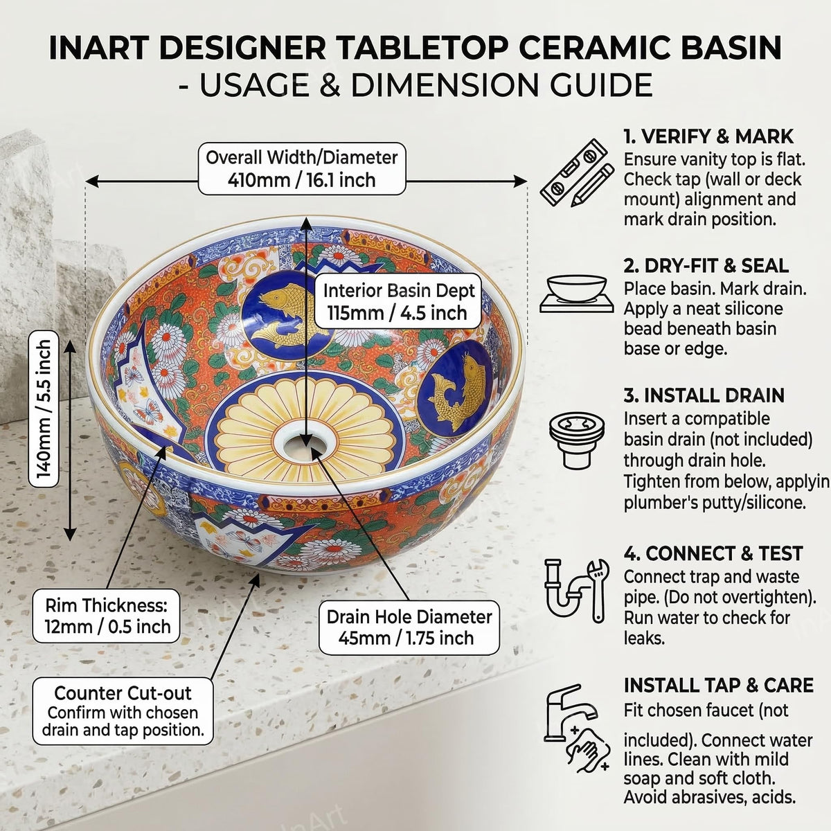 InArt Glossy White Ceramic Round Vessel Sink – Mexican Style Pattern, 16.5", additional product view 6