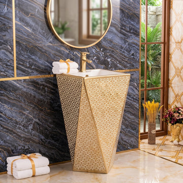 InArt Basin Pedestal Sink - Standing Bathroom Sink Gold White 46x46 CM