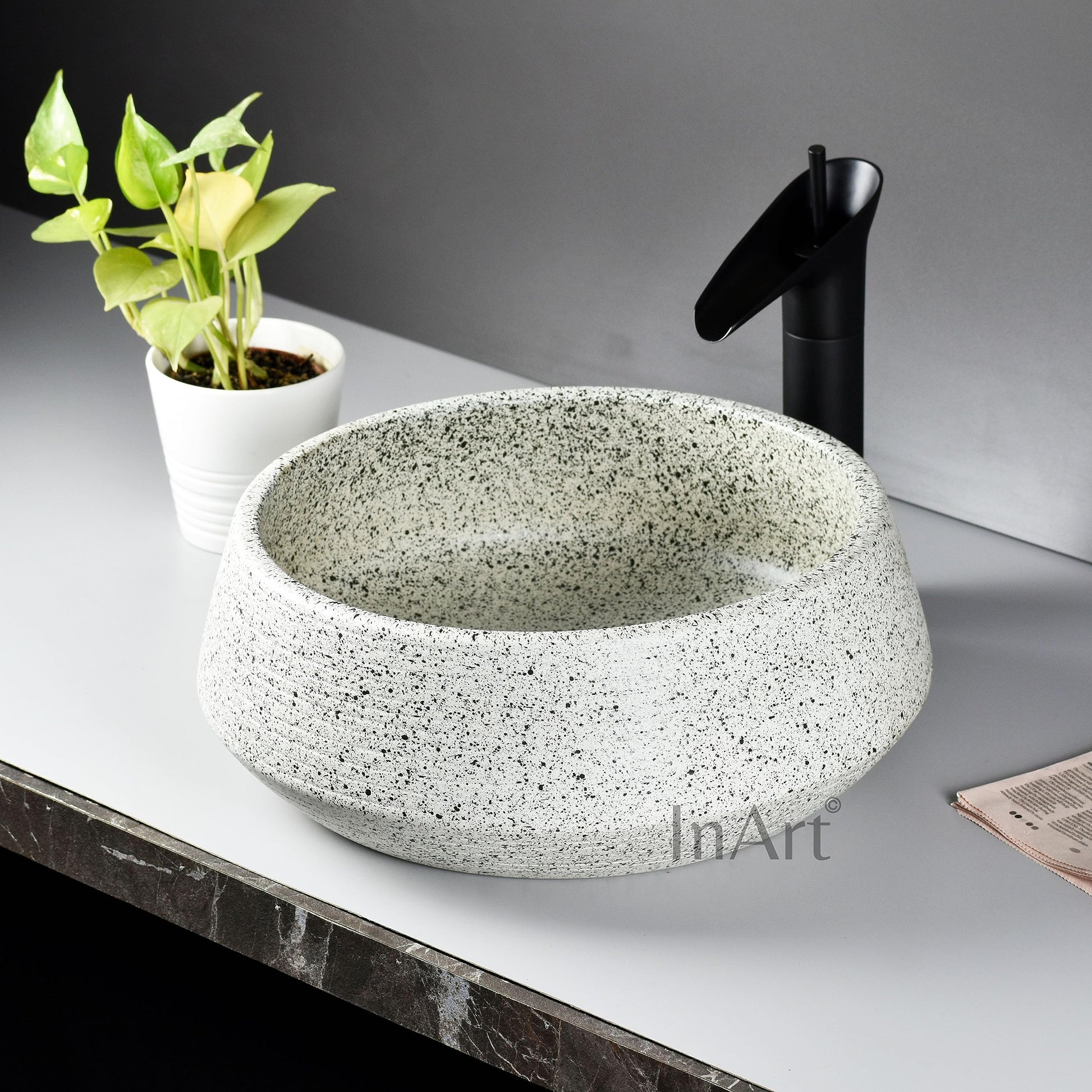 Bathroom sinks above counter lifestyle on vanity countertop for vessel sink, round ceramic basin in light green