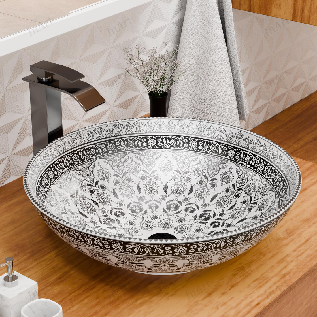 InArt table top vessel sink, glossy white square ceramic wash basin 16x16 modern Mexican design