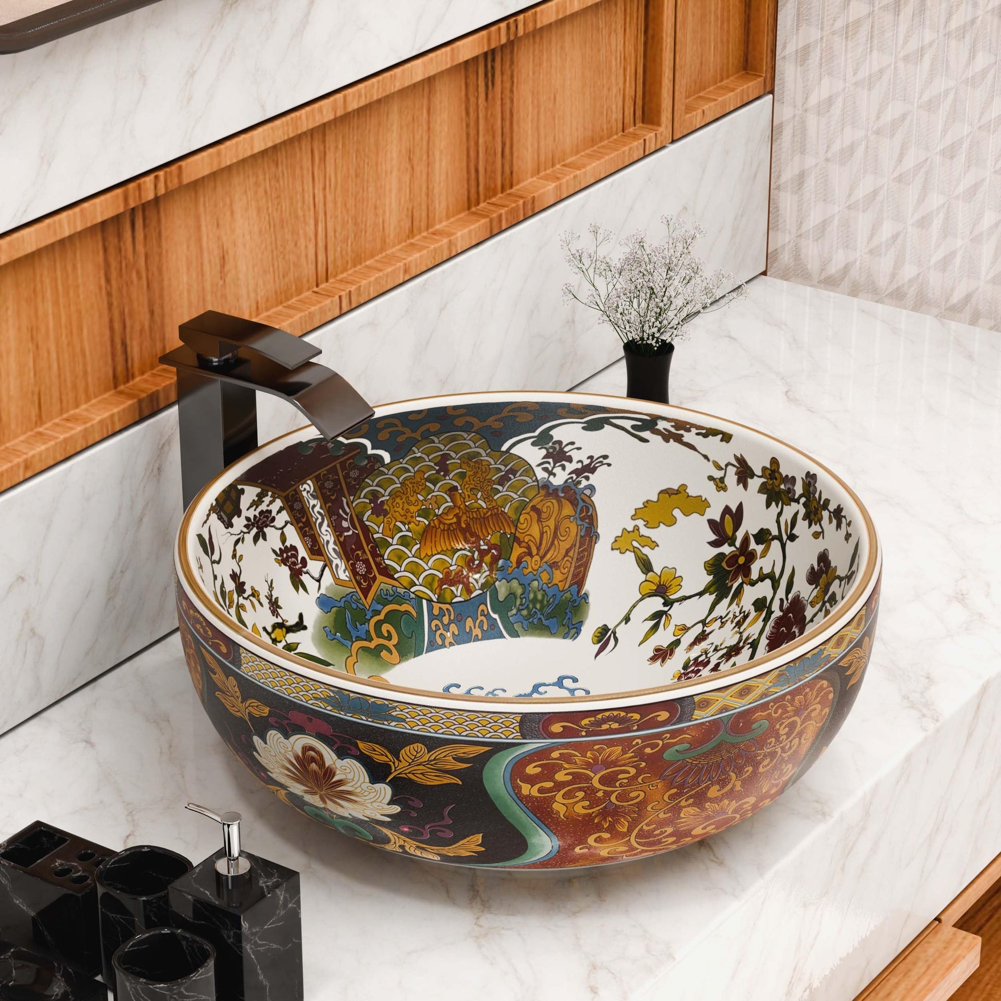 Table top sink InArt Ceramic Moroccan Wash Basin round multicolor floral vessel sink