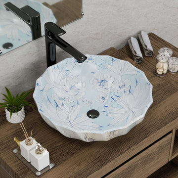 Vessel sink InArt light blue glossy round ceramic wash basin 18x18x6 above counter bathroom
