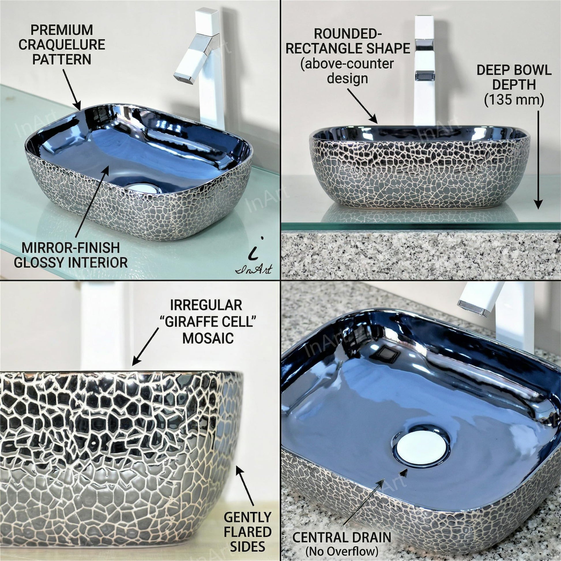 Blue Rectangular Ceramic vessel bathroom sink, additional product view 3