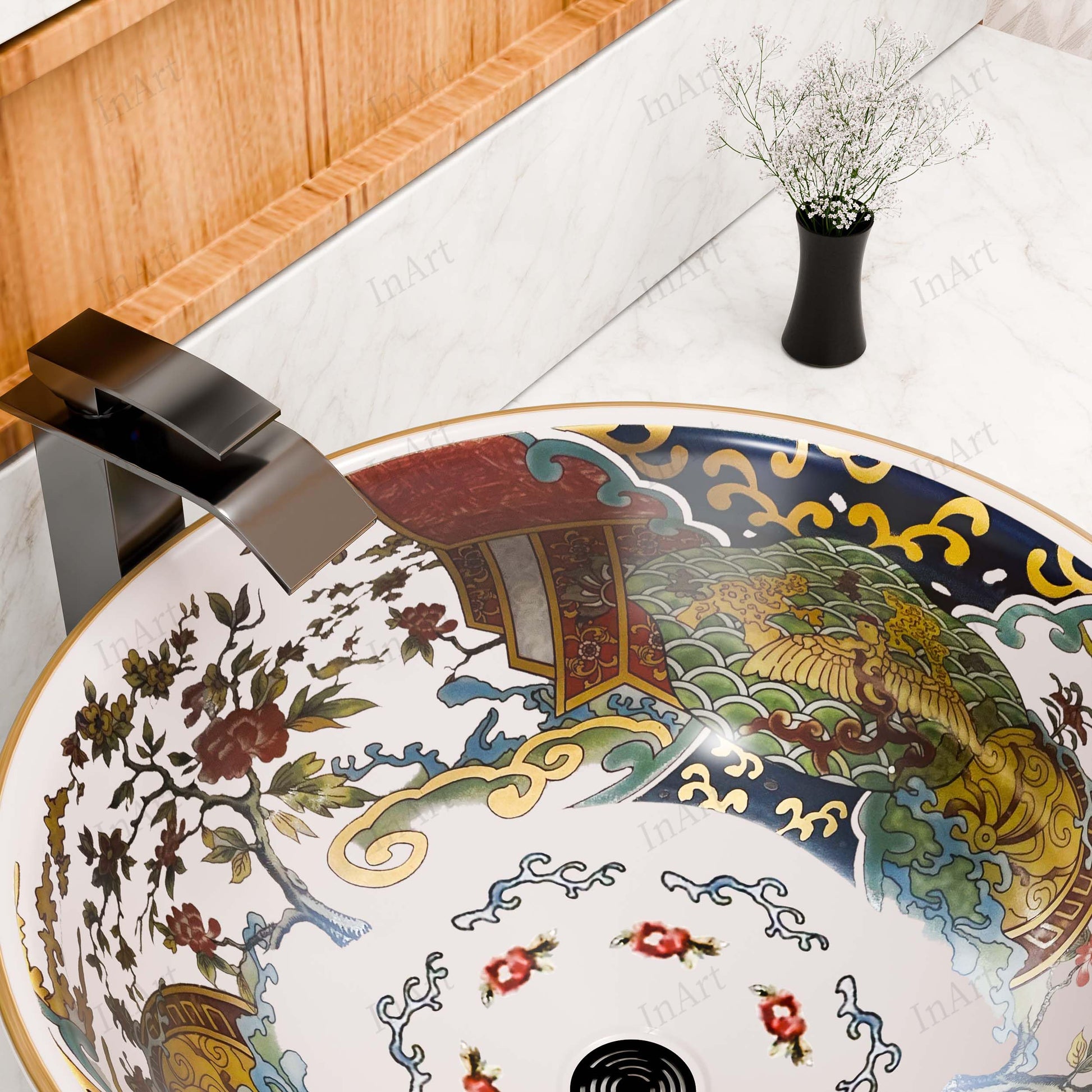 Close-up of multicolor Moroccan-style pattern on round ceramic vessel sink for bathroom vanity tops