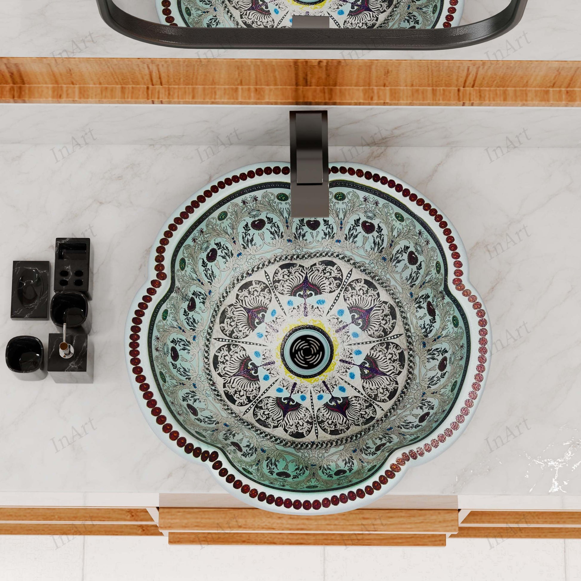 Bathroom with bowl sink lifestyle, round ceramic vessel sink on countertop with modern faucet and vanity