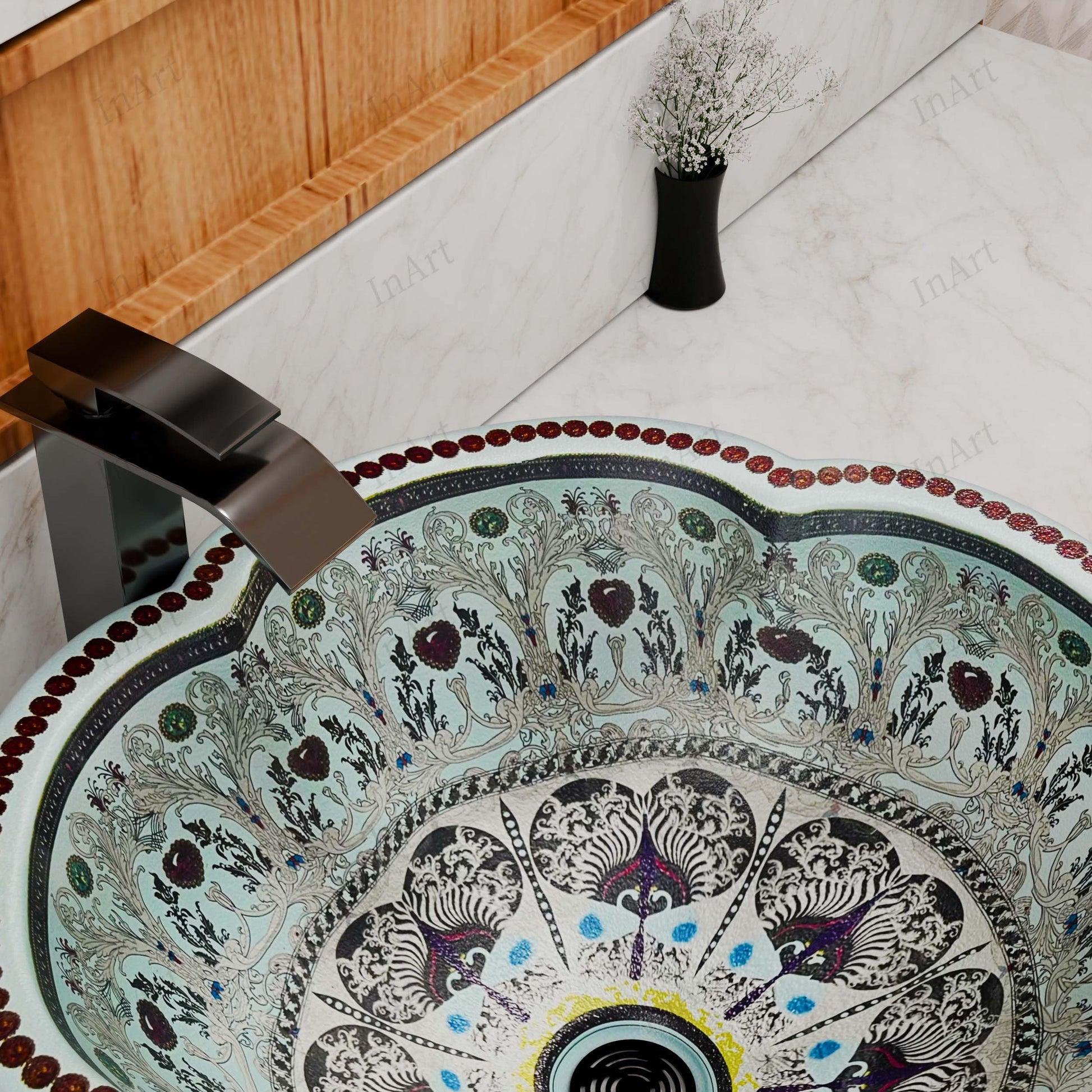 Bowl sinks for the bathroom close-up, glossy light blue patterned ceramic round wash basin rim detail