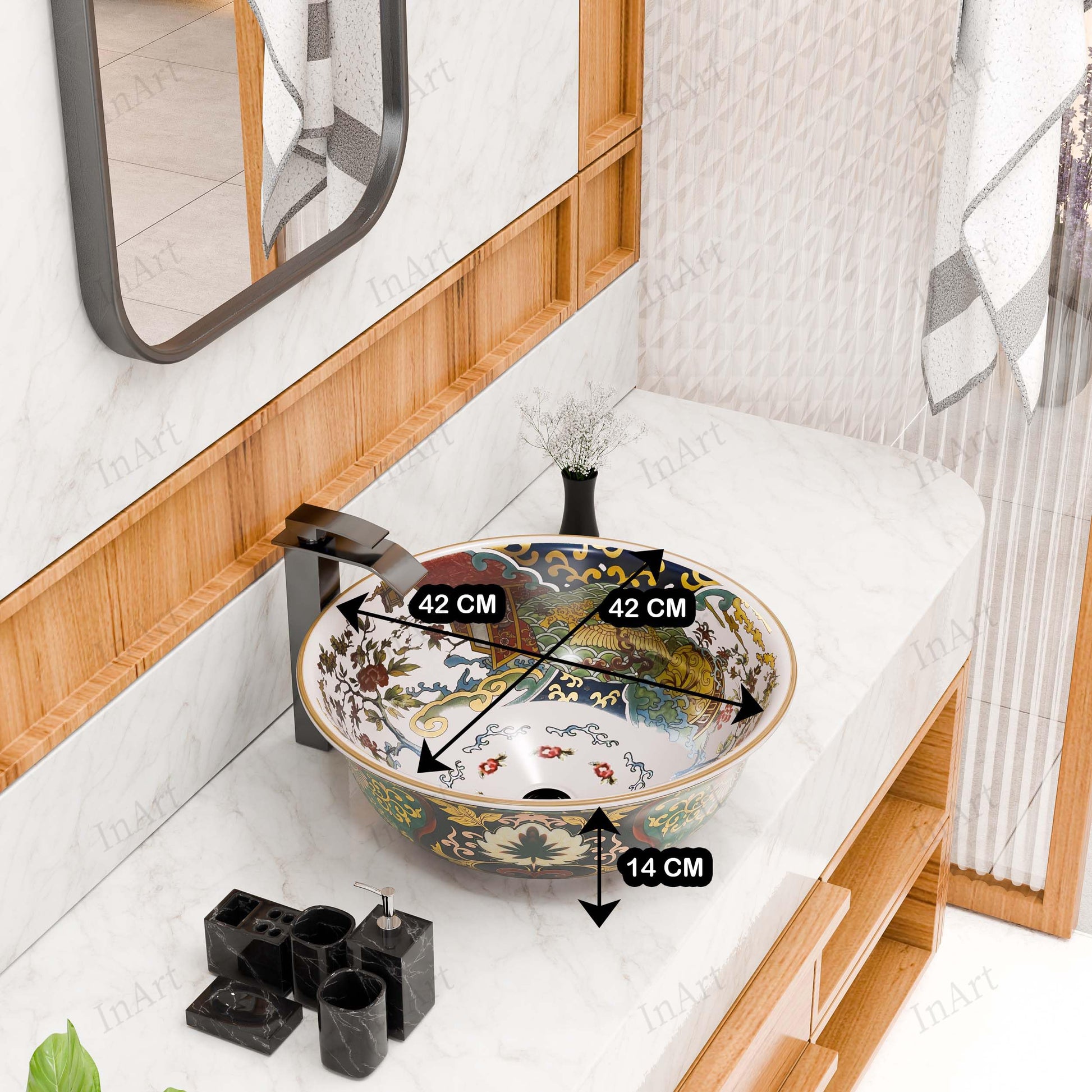 Drain opening detail on InArt round ceramic vessel sink, multicolor patterned countertop wash basin