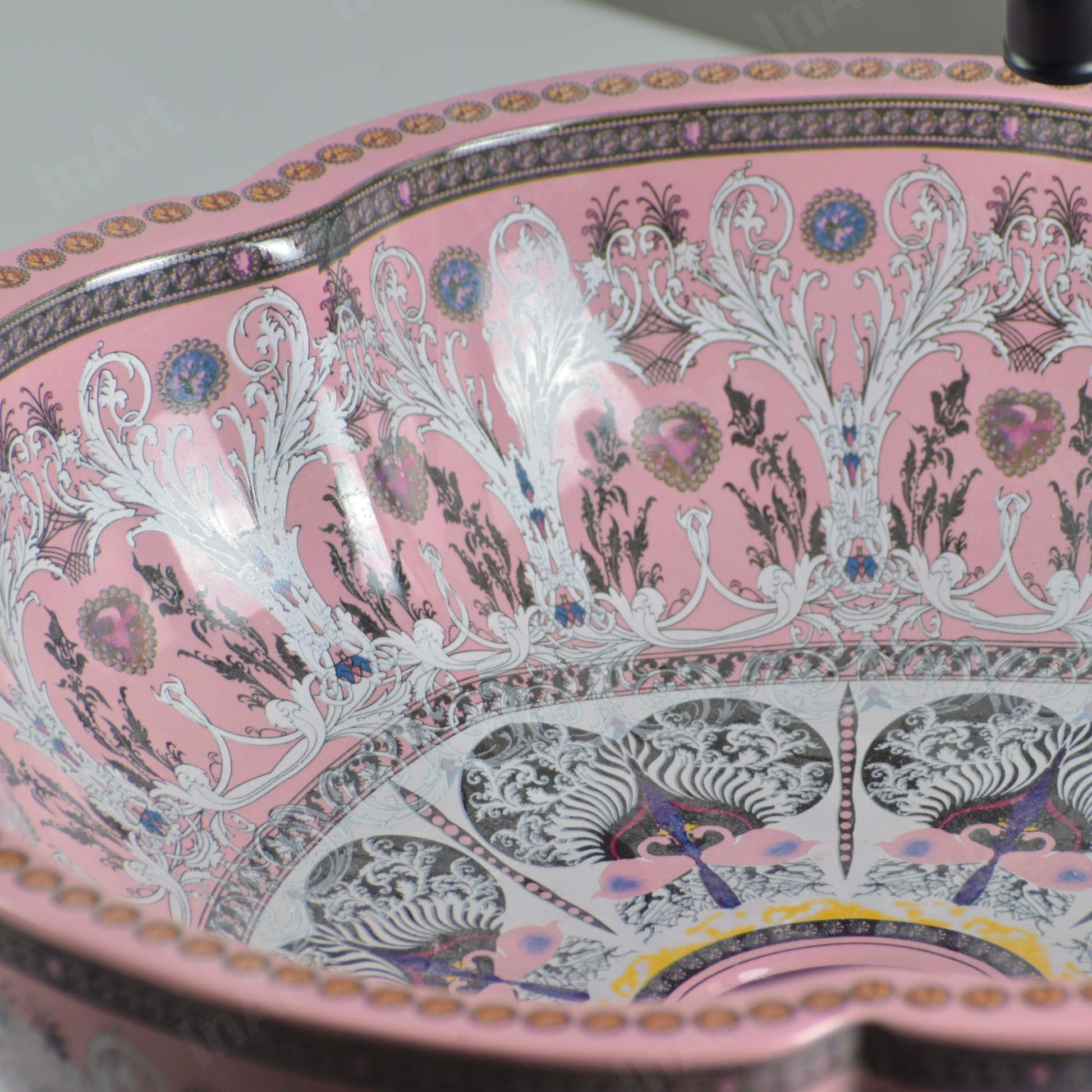 InArt ceramic oval bath vessel sink, glossy pink over counter basin bowl shown from top angle